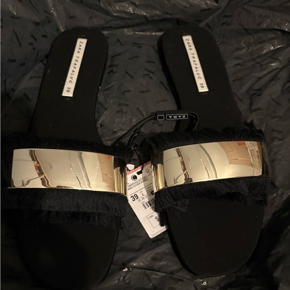 Zara Shoes - Zara Women's Black and Gold Slide Sandals